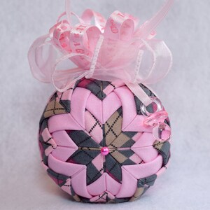 Baby Girl Quilted Ornament - no sew - pink argyle fabric, with pink sparkle accent, pink bow, &quot;It&#39;s A Girl&quot; ribbon, pink pacifier charm