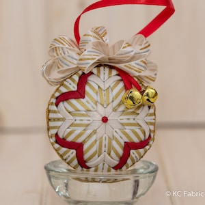 Quilted Ornament - No Sew ornament - white with metallic gold stripes fabric, metallic red fabric, metallic gold fabric, bow, jingle bells
