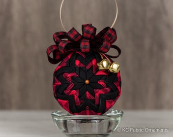 Quilted Christmas Ornament - No Sew ornament - Red Buffalo check ornament with two gold jingle bells