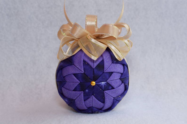 fabric ornament no sew Christmas ornament gold bow stars violet and sparkle purple fabrics and wreath charm Holiday quilted ornament