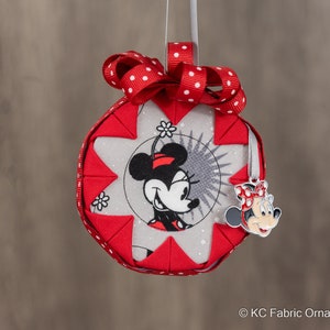 Quilted Ornament - no sew quilted 3&quot; half ball ornament, fabric ornament, Minnie Mouse ornament, red bow