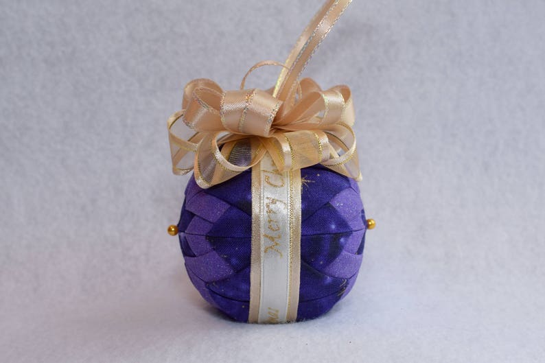 fabric ornament no sew Christmas ornament gold bow stars violet and sparkle purple fabrics and wreath charm Holiday quilted ornament