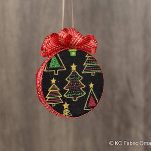 Quilted Ornament - no sew quilted 3&quot; half ball ornament, fabric ornament, Christmas tree fabric with red and gold fabric, red bow
