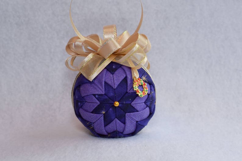 fabric ornament no sew Christmas ornament gold bow stars violet and sparkle purple fabrics and wreath charm Holiday quilted ornament