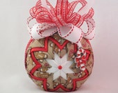 Gingerbread themed quilted ornament - fabric ornament, no sew ornament, gingerbread fabric, red and white bow, and silver candy cane charm