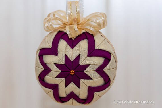 Quilted Handmade Purple White Fabric No Sew 3 Ornament Tree Hanger Polka Dots Flowers Beads Quilted Handmade Purple White Fabric No Sew 3 Ornament Tree Hanger Polka Dots Flowers Beads