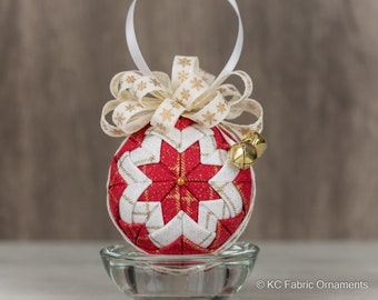 Quilted Christmas Ornament - No Sew ornament - red and white gold diamond stripe ornament with gold jingle bells