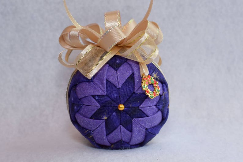fabric ornament no sew Christmas ornament gold bow stars violet and sparkle purple fabrics and wreath charm Holiday quilted ornament