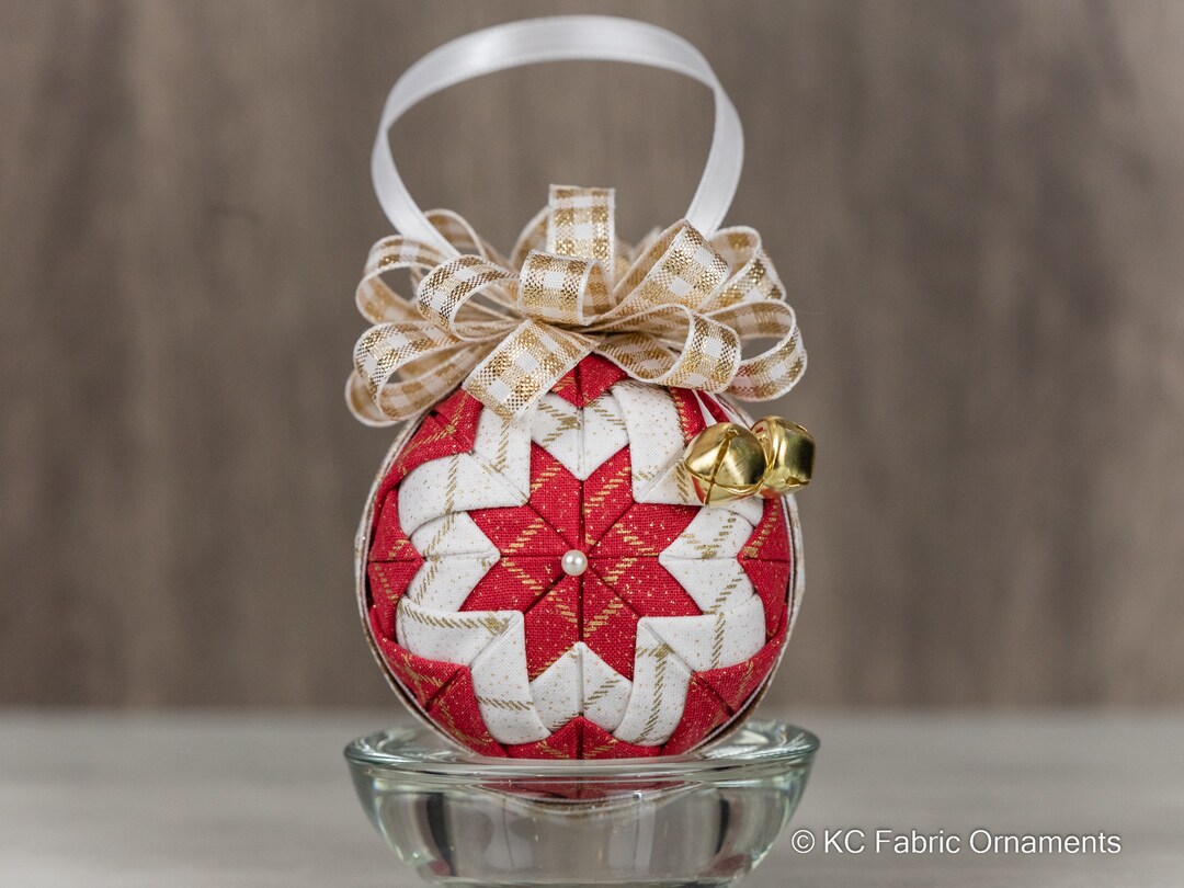 Quilted Christmas Ornament No Sew Ornament Red and White Gold Diamond
