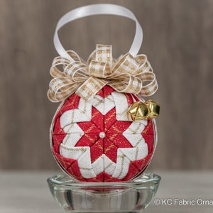 Quilted Christmas Ornament - No Sew ornament - red and white gold diamond striped ornament with gold jingle bells