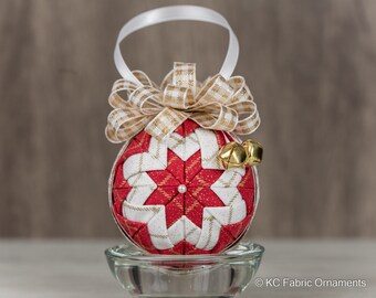 Quilted Christmas Ornament - No Sew ornament - red and white gold diamond striped ornament with gold jingle bells