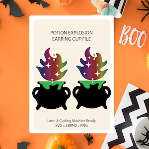 May include: A digital design file for a pair of Halloween-themed earrings. The earrings feature a cauldron with a green liquid and a rainbow-colored flame with stars. The text "POTION EXPLOSION EARRING CUT FILE" is at the top of the image. The text "Laser & Cutting Machine Ready SVG :: LBRN2 :: PNG" is at the bottom of the image.