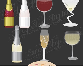 Wine Bottles, Champagne Bottles, Clip Art,  Wine Glass Clipart, Martini, Champagne Glass Clip Ark