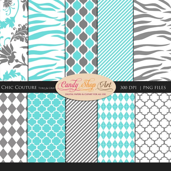 Turquoise and Gray Digital Pattern Sheets, Printable, Wedding, Baby, Digital Papers, Argyle, Diamond, Bridal Blue