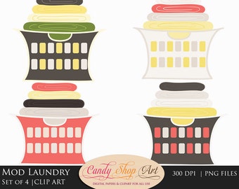 Laundry Clipart - Mod Laundry - Laundry Basket Clip art - Clean Clothes Clip Art - Hand Drawn - Commercial Use - PNG - Instant Download