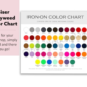Op de afbeelding: Een kleurenkaart voor Siser Easyweed strijkfolie, met een verscheidenheid aan kleuren. De kaart bevat tinten wit, grijs, zwart, bruin, rood, oranje, geel, groen, blauw en paars. De tekst luidt "Strijkfolie Kleurenkaart" en "Kies een van deze geweldige kleuren".