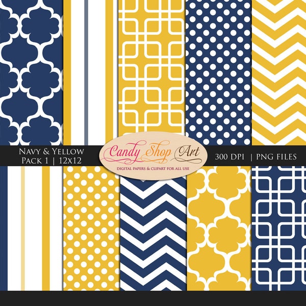 Navy, Yellow, and White digital backgrounds, Chevron, Stripes, Digital Paper, Geometric - Instant Download
