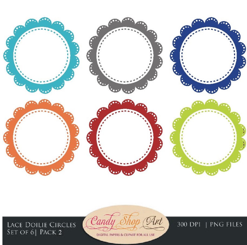 Lace Doilie Circles Clipart, Scalloped Circle Frames Clip Art Commercial Use Instant Download image 1