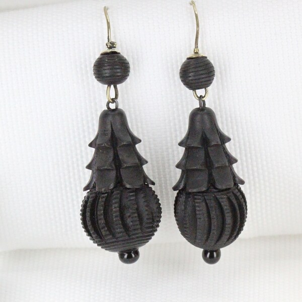 Antique Victorian Bog Oak Drop Earrings  -  Circa: 1870's