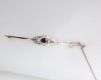 Antique 9 Carat Yellow Gold Amethyst and Seed Pearl Brooch   - Circa: 1900