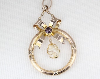 Edwardiaanse 9 kt gouden hanger met amethist en parelzaad, begin 20e eeuw – antiek, circa 1910