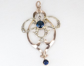 Antique 9ct Yellow Gold Blue Paste & Seed Pearl Pendant – Ornate Edwardian Design – Circa 1900