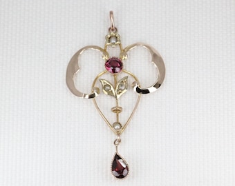 Antique 9ct Gold Garnet & Seed Pearl Lavalier Pendant – Edwardian Circa 1910s Vintage Necklace
