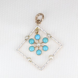 Antique 15ct Yellow Gold Pendant Enamel Turquoise Seed Pearl Victorian Jewelry Circa 1880 Fine Antique Necklace