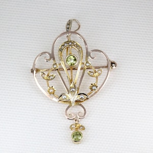 Antique 9ct Victorian Peridot and Seed Pearl Ornate Brooch and Pendant -  Circa: 1890