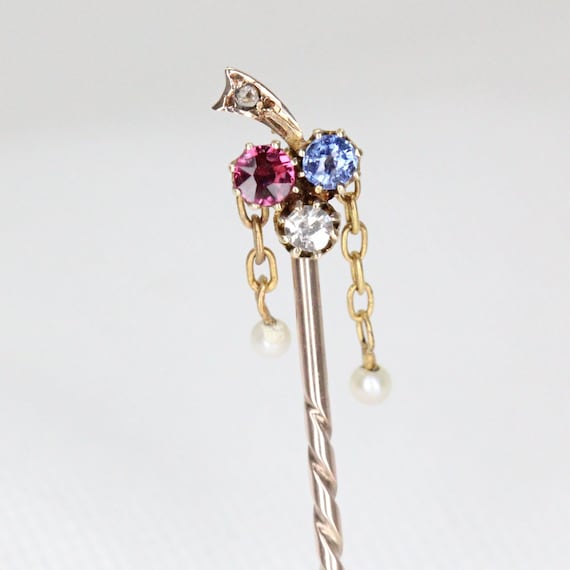 An Antique 9ct Yellow Gold Ruby - Sapphire - Diam… - image 1
