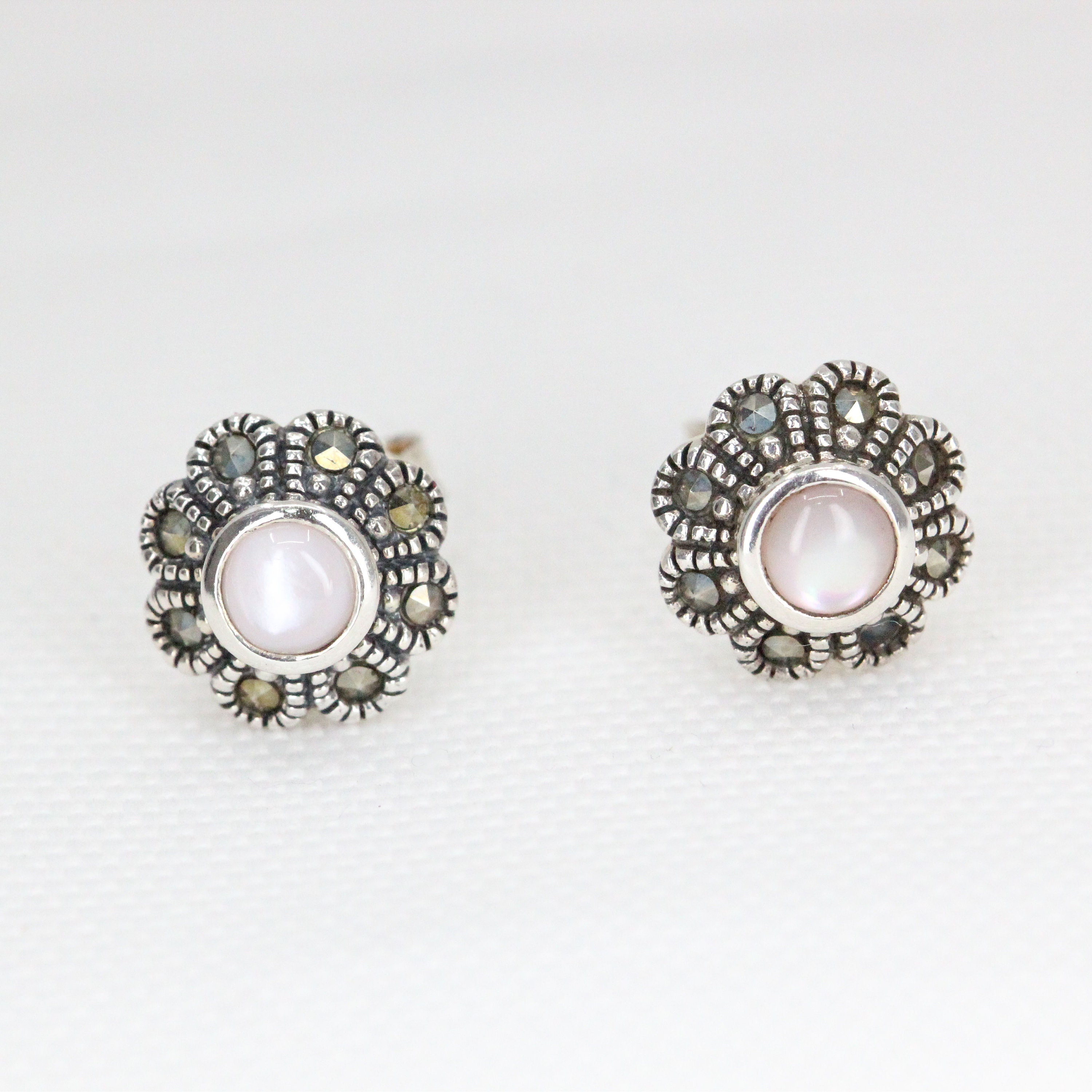 Pair of Sterling Silver Mother of Pearl and Marcasite Stud
