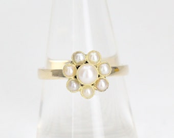 Anillo antiguo de oro de 9 quilates con margaritas y perlas – Anillo victoriano de vestir – Diseño floral de la década de 1890