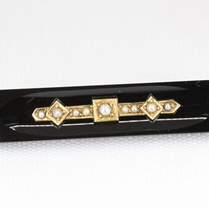 Antique 9 Carat Gold Onyx and Seed Pearl Set Bar Brooch    -   Circa: 1890&#39;s