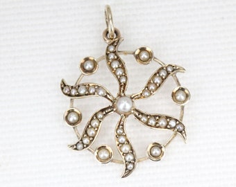 Antique 9ct Yellow Gold Seed Pearl Pendant – Victorian Circa 1890 – Delicate Vintage Jewelry
