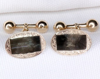 Vintage 9 Carat Gold Oval Engraved Cufflinks Circa: 1960's