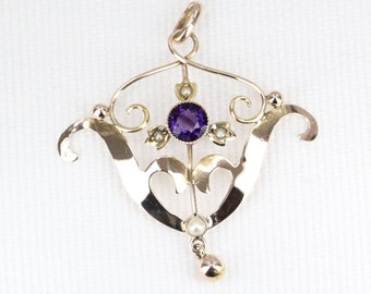 Antike Edwardian 9 Karat Gold Anhänger Amethyst Samen Perle Tropfen Halskette Zirca 1910
