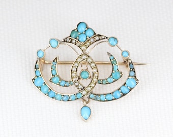 Antique 9ct Yellow Gold Brooch with Turquoise & Seed Pearl – Victorian Ornate Pin – Circa 1880 – Vintage Jewelry – Unique Estate Piece