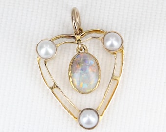 Antique 9ct Yellow Gold Heart Pendant – Opal and Cultured Pearl – Edwardian Jewelry – Circa 1915 – Antique Gold Necklace