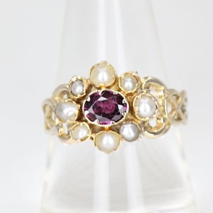 Antiker viktorianischer 12 Karat Gelbgold-Granat- und Samenperlenring - Birmingham 1861 - Hallmarked Fine Jewellery