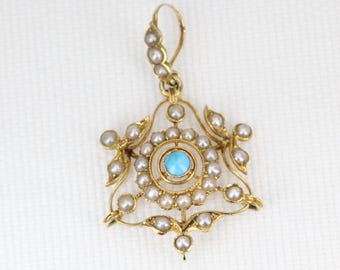 Antique 15ct Yellow Gold Turquoise & Seed Pearl Pendant – Victorian Circa: 1880