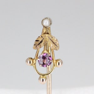 Antique 9ct Yellow Gold Tourmaline & Pearl Stick Pin  - Circa  1900