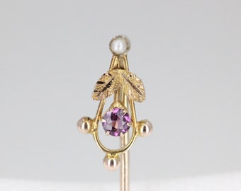 Antique 9ct Yellow Gold Tourmaline & Pearl Stick Pin C: 1900