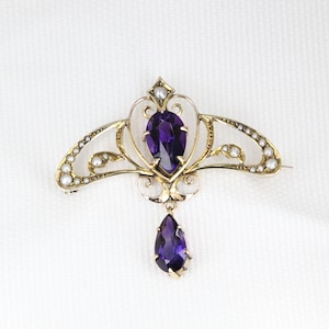 Antieke 9-karaats Art Nouveau geelgouden broche met amethist en zaadparel - Circa: 1900