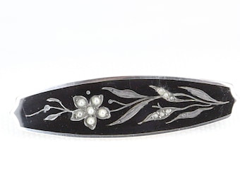 Antique Victorian Sterling Silver Black Enamel and Seed pearl Brooch  -  Circa: 1900
