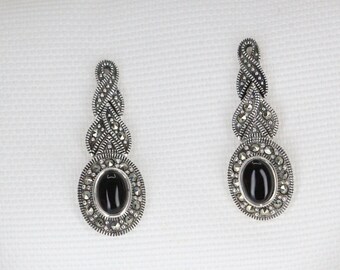 Boucles D'oreilles Pendantes Argent 925 - Perle, Onyx Et Marcassites - Comme Neuf