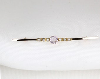 Antique 9 Carat Yellow Gold Amethyst and Seed Pearl Brooch   - Circa: 1900