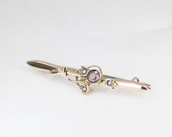 Antique 9 Carat Yellow Gold Purple Paste and Seed Pearl Brooch   - Circa: 1900