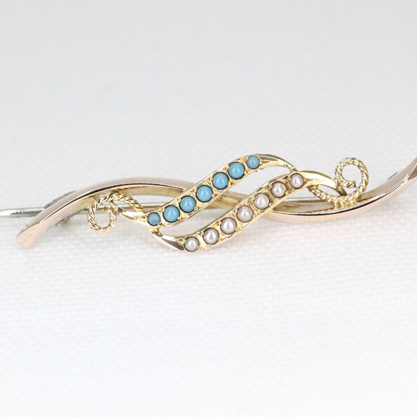 Antique Victorian 9ct Gold Turquoise and Seed Pearl Set Brooch  -  Chester: 1902