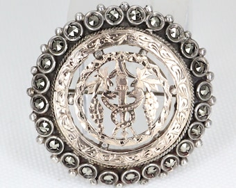 Vintage continental Silver and Applied Gold  Marcasite Set Round Brooch