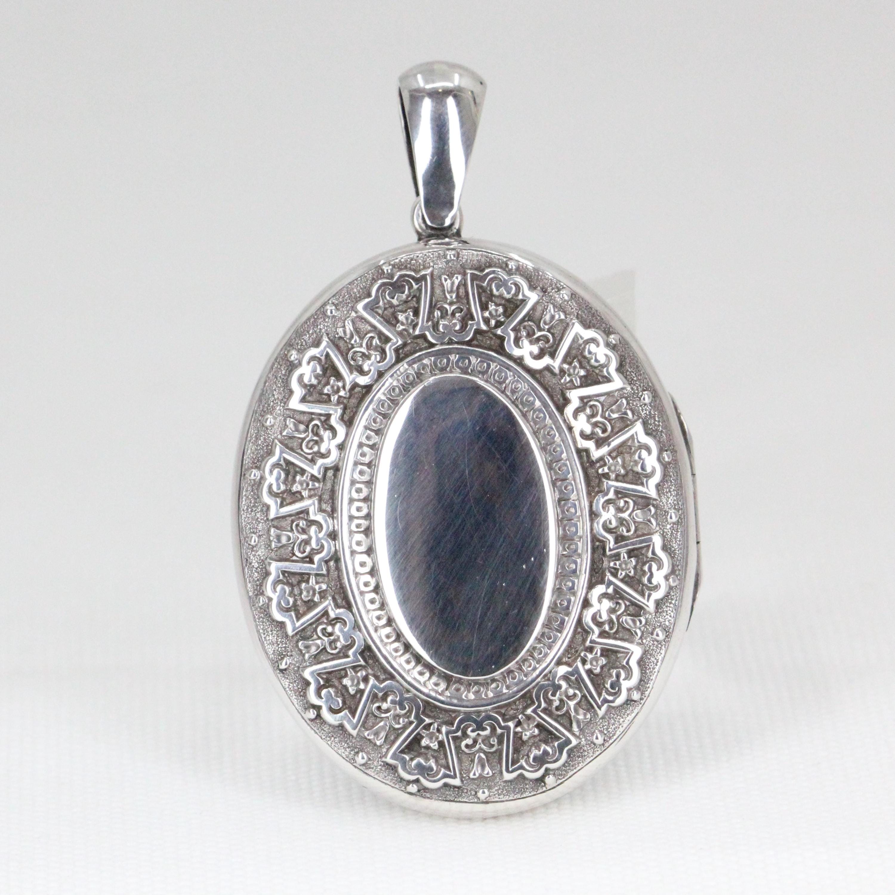Antique Locket - Sterling Silver Oval Locket – Engraved Victorian Pendant – Circa 1900 – Vintage Silver Keepsake Necklace